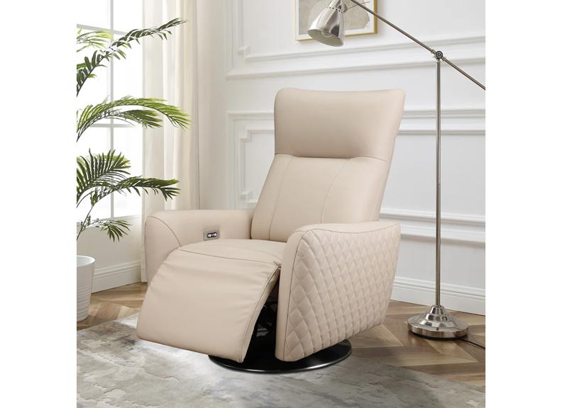 Monti Powered Reclining Swivel Chairs in Green or Cream Half Leather, Grey Fabric Upholstery with Swivel Base