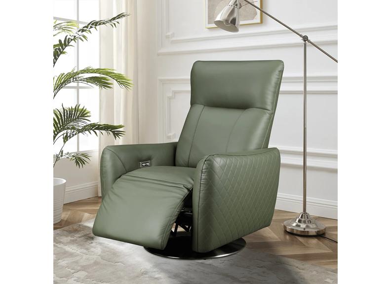 Monti Powered Reclining Swivel Chairs in Green or Cream Half Leather, Grey Fabric Upholstery with Swivel Base