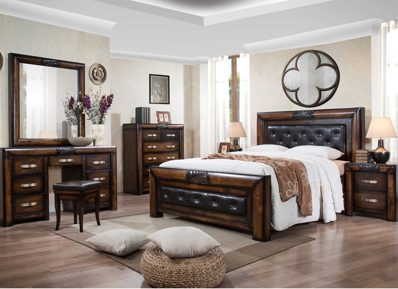 Paris Dark Wood Vanity Set With Carved Leaf Motif – Classic Luxury Bedroom Dressing Set