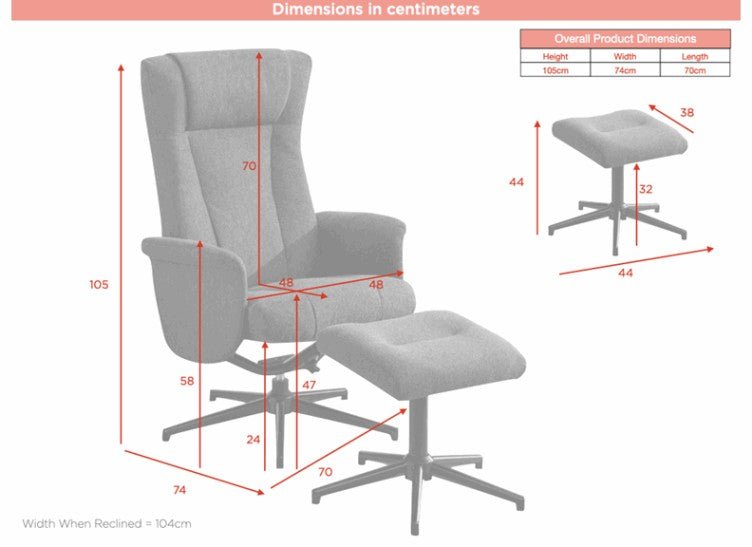 Apero Fabric Manual Reclining TV Chairs W/Footstool