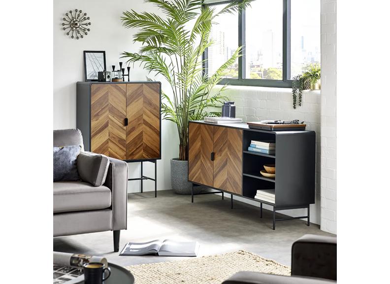 Alvin Storage Cabinet – Chevron Wood Design with Black Metal Highlights | Modern Living Room  Cabinet