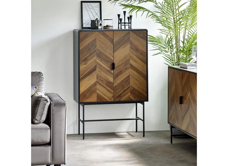 Alvin Storage Cabinet – Chevron Wood Design with Black Metal Highlights | Modern Living Room  Cabinet