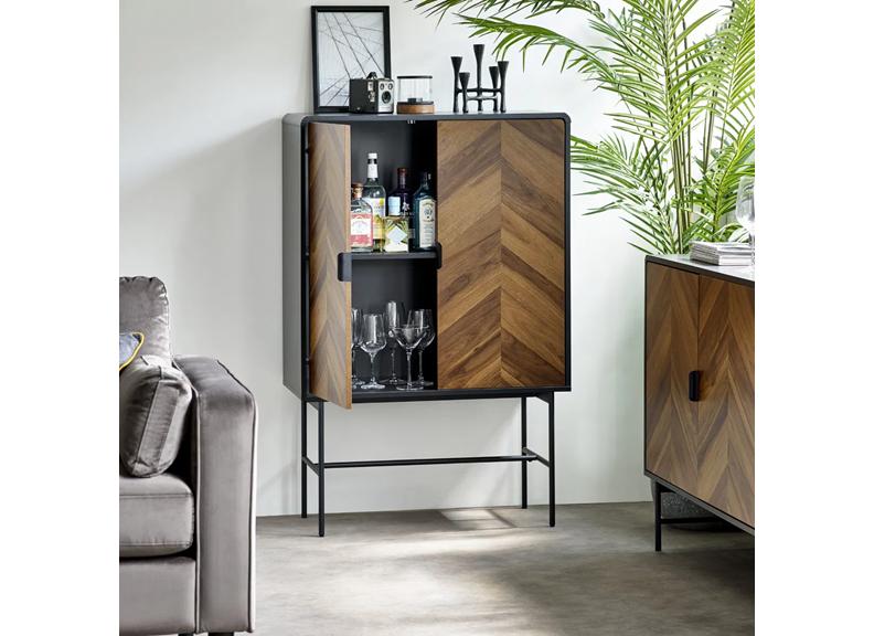 Alvin Storage Cabinet – Chevron Wood Design with Black Metal Highlights | Modern Living Room  Cabinet