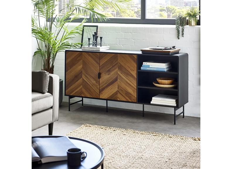 Alvin Sideboard – Chevron Wood Design with Black Metal Highlights | Modern Living Room  Cabinet