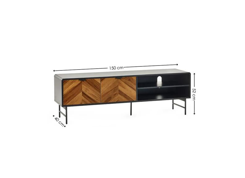 Alvin TV Stand – Chevron Wood Design with Black Metal Highlights | Modern Living Room Media Stand