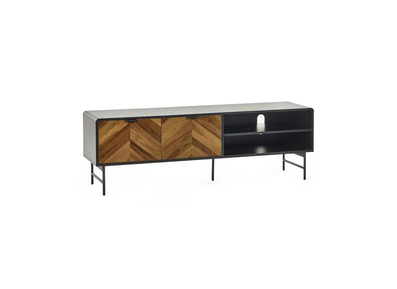 Alvin TV Stand – Chevron Wood Design with Black Metal Highlights | Modern Living Room Media Stand