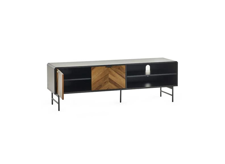 Alvin TV Stand – Chevron Wood Design with Black Metal Highlights | Modern Living Room Media Stand