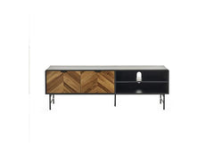 Alvin TV Stand – Chevron Wood Design with Black Metal Highlights | Modern Living Room Media Stand