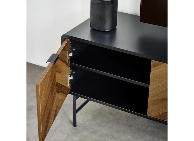 Alvin TV Stand – Chevron Wood Design with Black Metal Highlights | Modern Living Room Media Stand