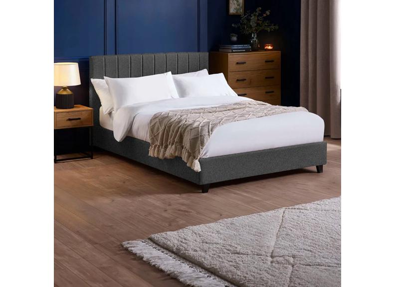 Aylen Bed in Dark Grey Faux Linen Fabric – Modern Upholstered Bed with Vertically Lined Headboard