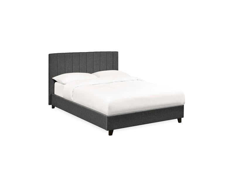 Aylen Bed in Dark Grey Faux Linen Fabric – Modern Upholstered Bed with Vertically Lined Headboard