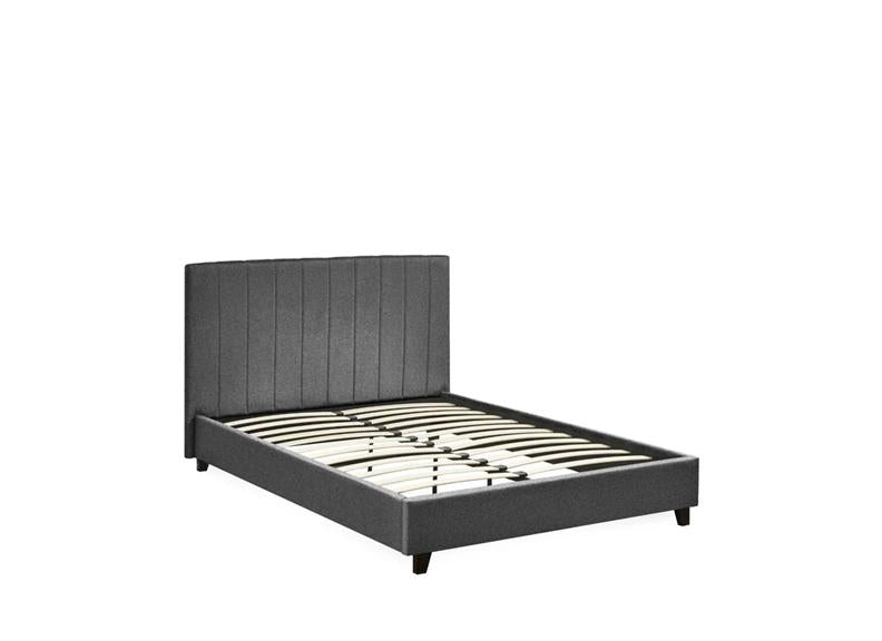 Aylen Bed in Dark Grey Faux Linen Fabric – Modern Upholstered Bed with Vertically Lined Headboard