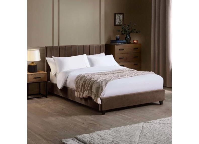 Aylen Bed in Chocolate Brown Velvet Fabric – Modern Upholstered Bed with Vertically Lined Headboard (Pre-Order Only)