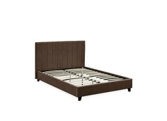 Aylen Bed in Chocolate Brown Velvet Fabric – Modern Upholstered Bed with Vertically Lined Headboard (Pre-Order Only)