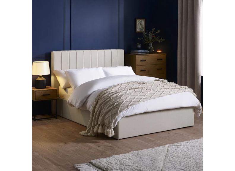 Aylen Storage Bed in Oatmeal Linen Fabric – Modern Upholstered Bed with Vertically Lined Headboard