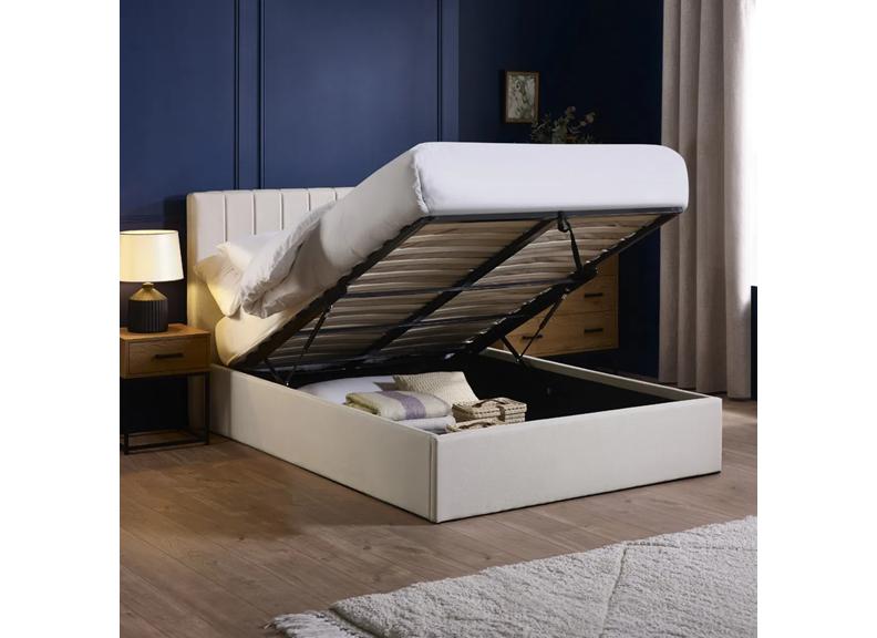 Aylen Storage Bed in Oatmeal Linen Fabric – Modern Upholstered Bed with Vertically Lined Headboard