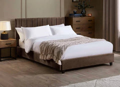 Aylen Bed in Chocolate Brown Velvet Fabric – Modern Upholstered Bed with Vertically Lined Headboard (Pre-Order Only)