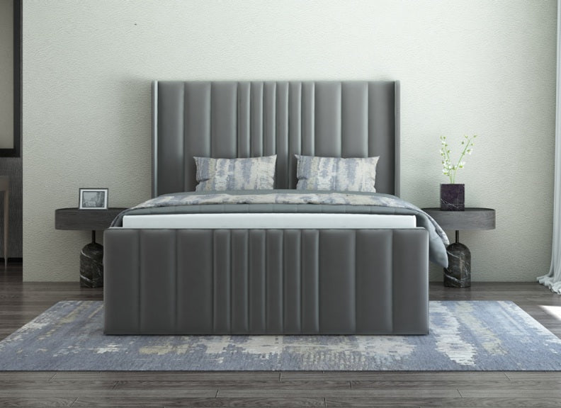 Amelia 4 ft6 Fabric Bed/Ottoman Bed – Modern Upholstered Bed Frame with Vertical Lined Winged Headboard