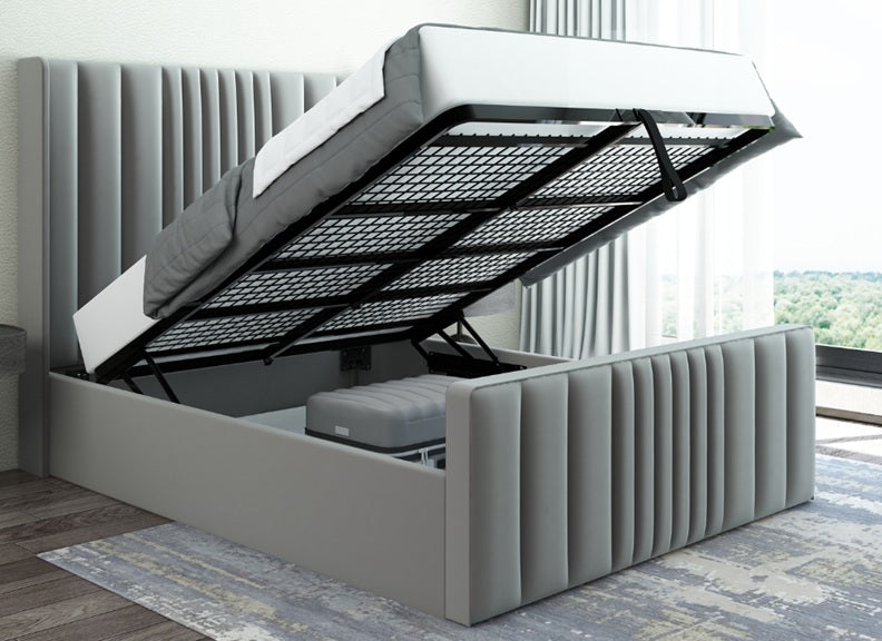 Amelia 4 ft6 Fabric Bed/Ottoman Bed – Modern Upholstered Bed Frame with Vertical Lined Winged Headboard