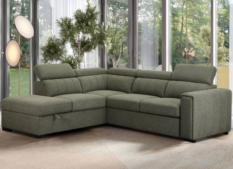 August Sectional Sofa Bed In Turtle Green | Modern Corner Sofa Bed with Storage & Pull-Out Sleeper (Pre-Order Only)