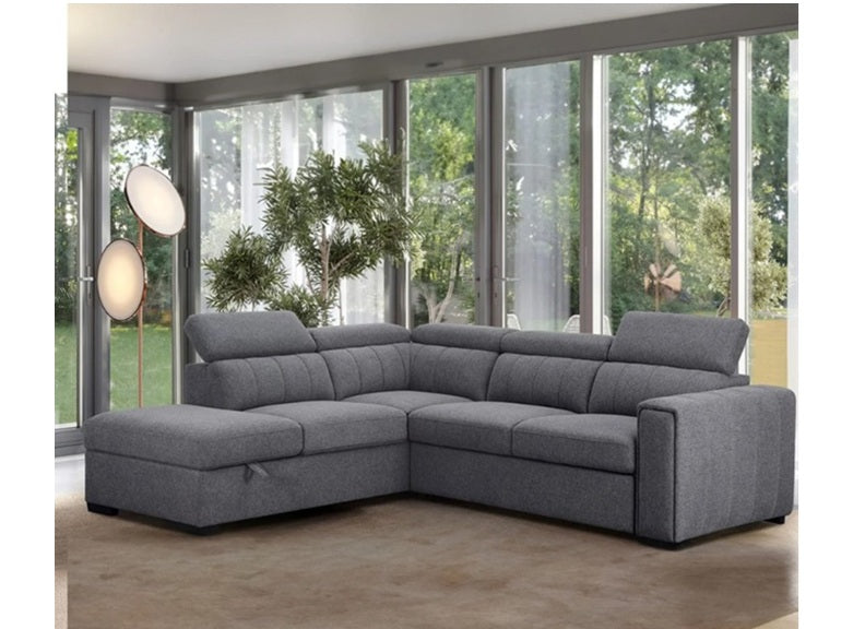 August Sectional Sofa Bed In Grey | Modern Corner Sofa Bed with Storage & Pull-Out Sleeper