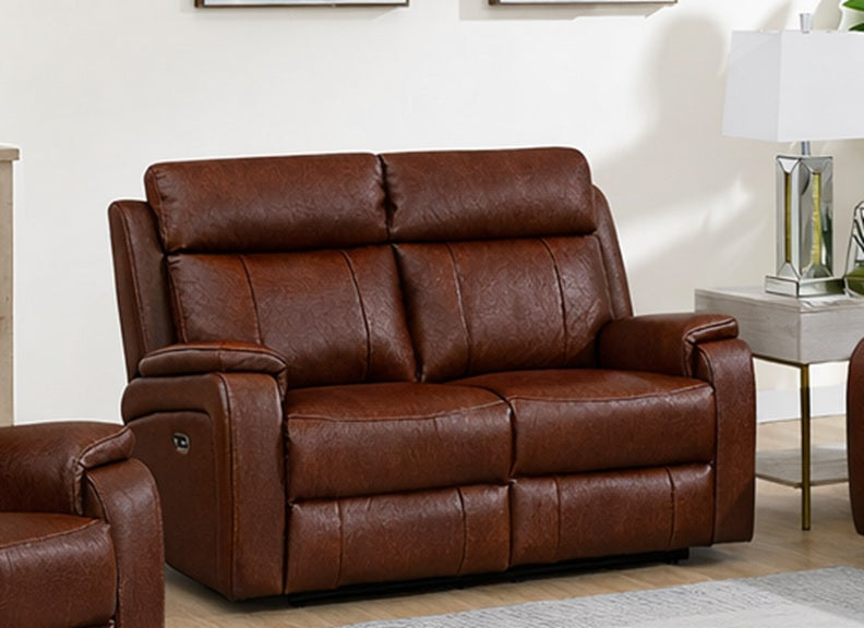 Banbury Tan Half-Leather 2PP Powered Recliner Sofa – Premium Light Grey And Tan Leather & Silver Fabric 2 Seater