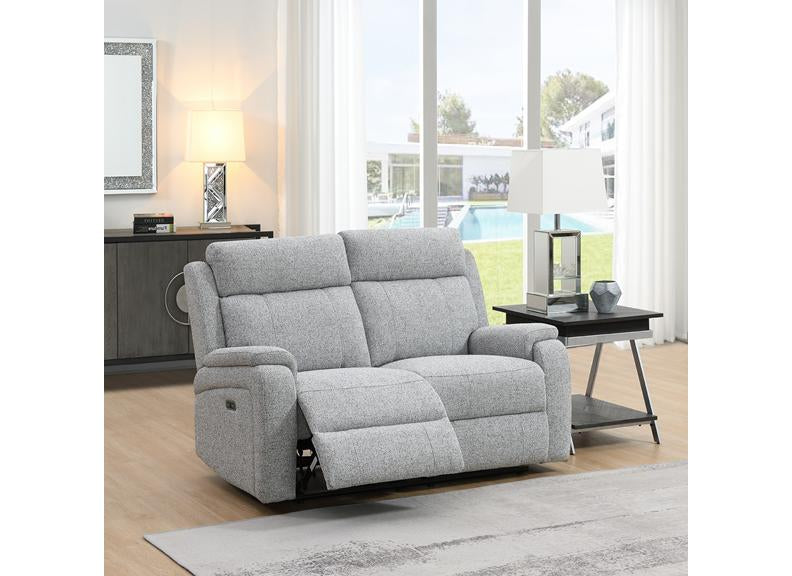 Banbury Silver Fabric 2PP Powered Recliner Sofa – Premium Light Grey And Tan Leather & Silver Fabric 2 Seater
