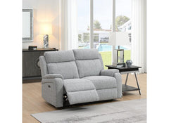 Banbury Silver Fabric 2PP Powered Recliner Sofa – Premium Light Grey And Tan Leather & Silver Fabric 2 Seater
