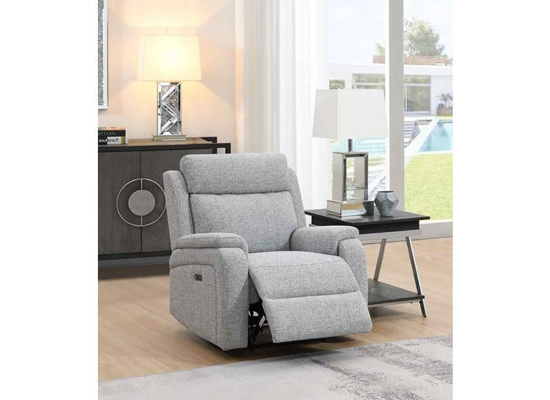 Banbury Silver Fabric Powered Recliner Armchair – Premium Light Grey, Tan Leather & Silver Fabric Reclining Armchair