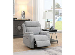 Banbury Silver Fabric Powered Recliner Armchair – Premium Light Grey, Tan Leather & Silver Fabric Reclining Armchair