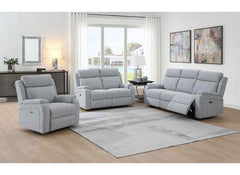 Banbury Silver Fabric Powered Recliner Armchair – Premium Light Grey, Tan Leather & Silver Fabric Reclining Armchair