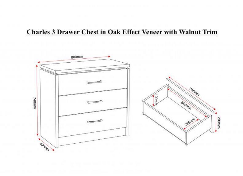Charles Oak Three Drawer Bedside - dimensions