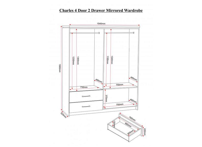 Charles Four Door Mirrored Wardrobe - dimensions