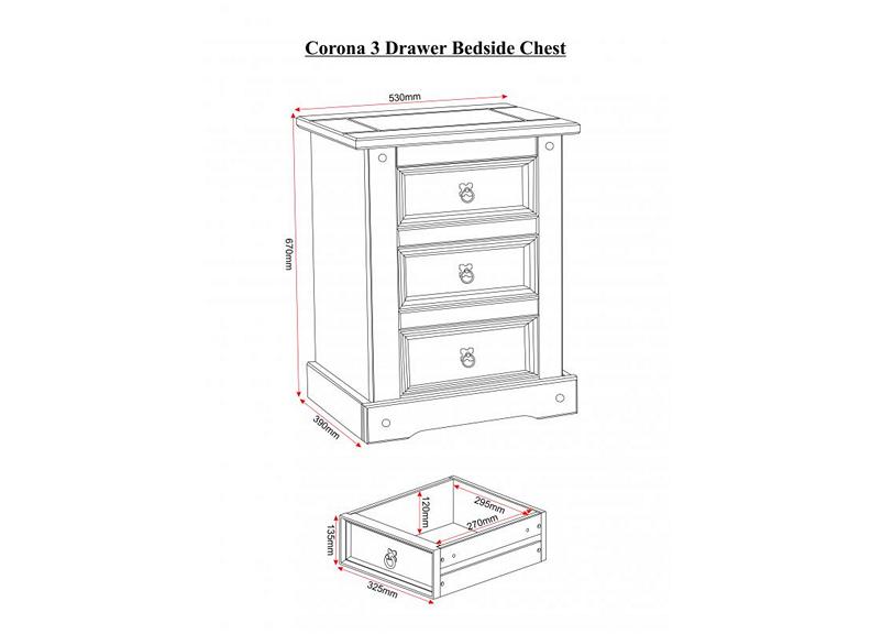 Corona Pine Three Drawer Bedside - inside