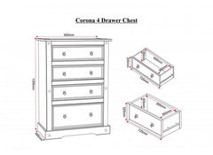 Corona Pine Four Drawer Chest - dimensions