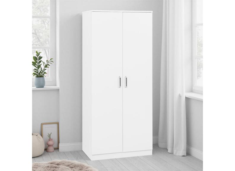 Dakota White Two Door Wardrobe – Modern Bedroom Storage Closet with Hanging Rail
