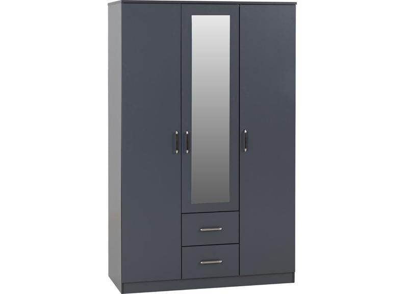Dakota Dark Grey Three Door Two Drawer Mirrored Wardrobe – Modern Bedroom Storage Closet with Hanging Rail