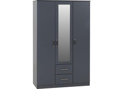 Dakota Dark Grey Three Door Two Drawer Mirrored Wardrobe – Modern Bedroom Storage Closet with Hanging Rail