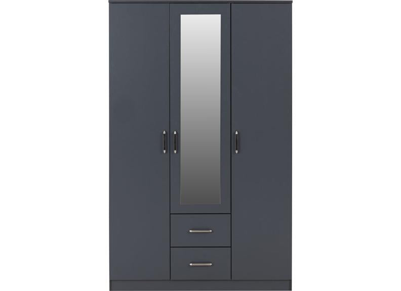 Dakota Dark Grey Three Door Two Drawer Mirrored Wardrobe – Modern Bedroom Storage Closet with Hanging Rail