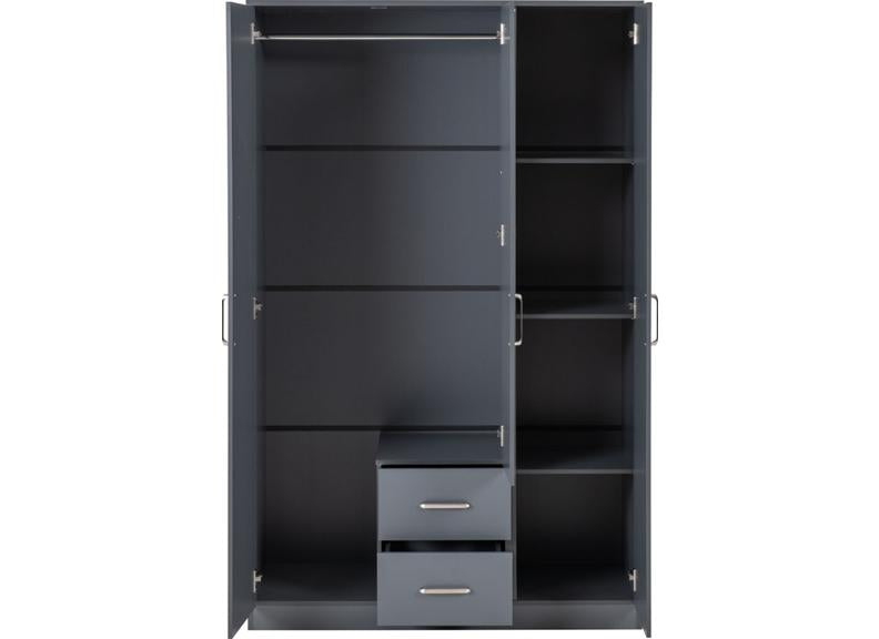 Dakota Dark Grey Three Door Two Drawer Mirrored Wardrobe – Modern Bedroom Storage Closet with Hanging Rail
