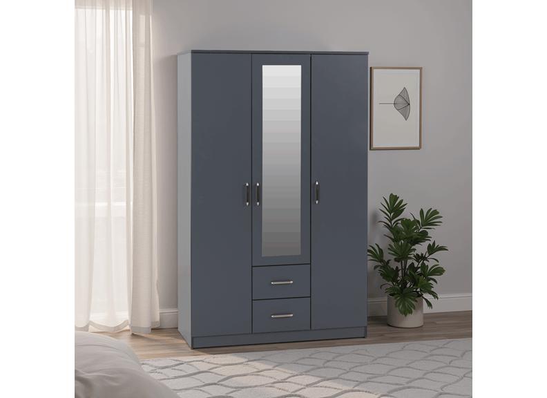 Dakota Dark Grey Three Door Two Drawer Mirrored Wardrobe – Modern Bedroom Storage Closet with Hanging Rail