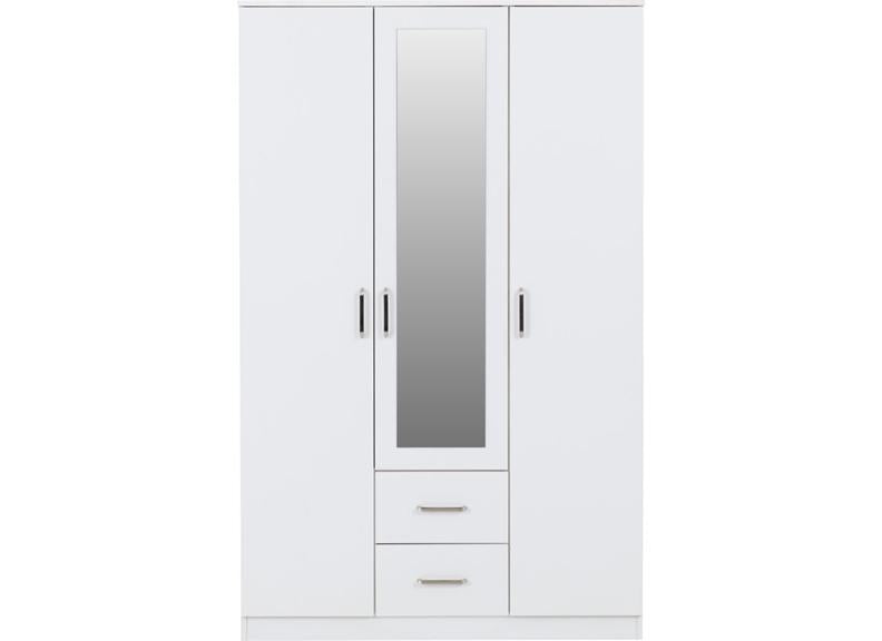 Dakota White Three Door Two Drawer Mirrored Wardrobe – Modern Bedroom Storage Closet with Hanging Rail