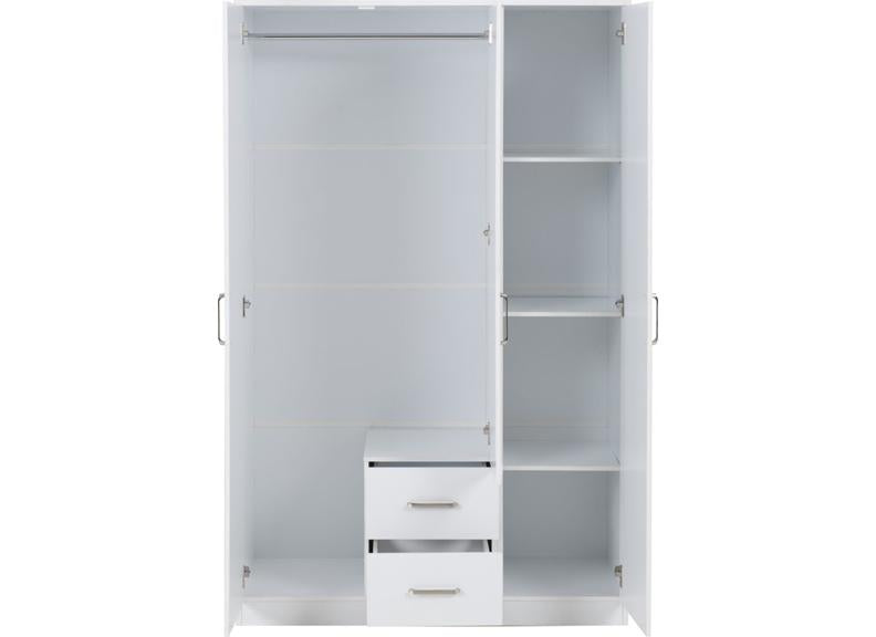Dakota White Three Door Two Drawer Mirrored Wardrobe – Modern Bedroom Storage Closet with Hanging Rail