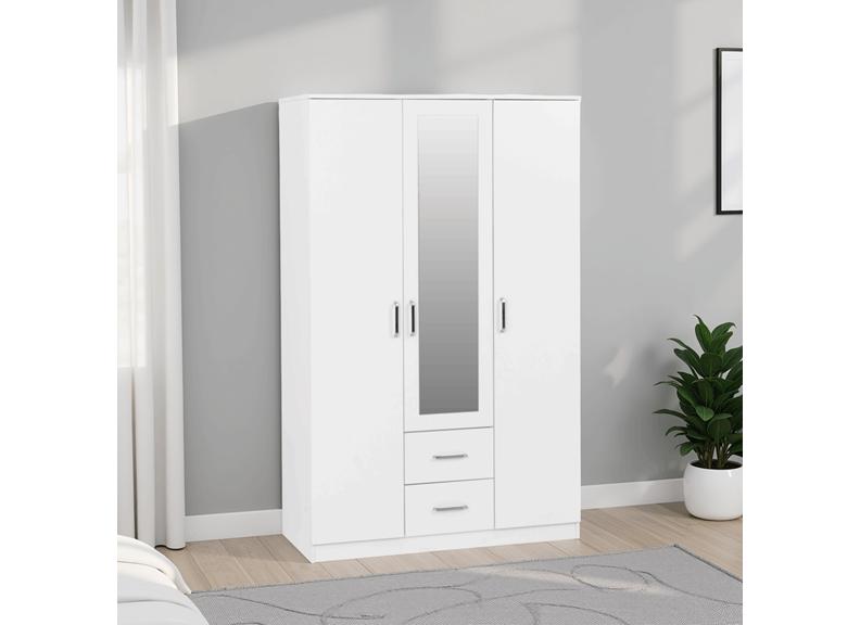 Dakota White Three Door Two Drawer Mirrored Wardrobe – Modern Bedroom Storage Closet with Hanging Rail