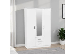 Dakota White Three Door Two Drawer Mirrored Wardrobe – Modern Bedroom Storage Closet with Hanging Rail