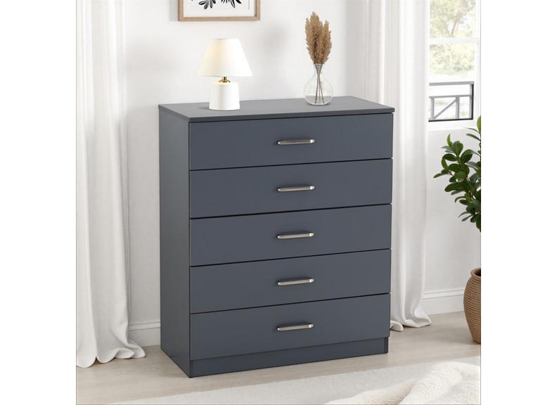 Dakota Dark Grey Five Drawer Chest – Modern Bedroom Storage Chest