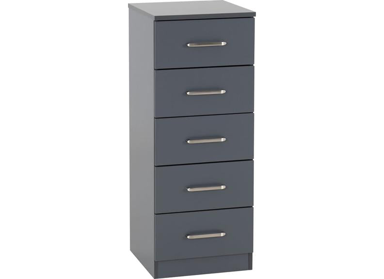 Dakota Dark Grey Five Drawer Narrow Chest – Modern Bedroom Narrow Chest
