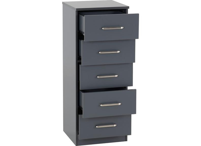 Dakota Dark Grey Five Drawer Narrow Chest – Modern Bedroom Narrow Chest