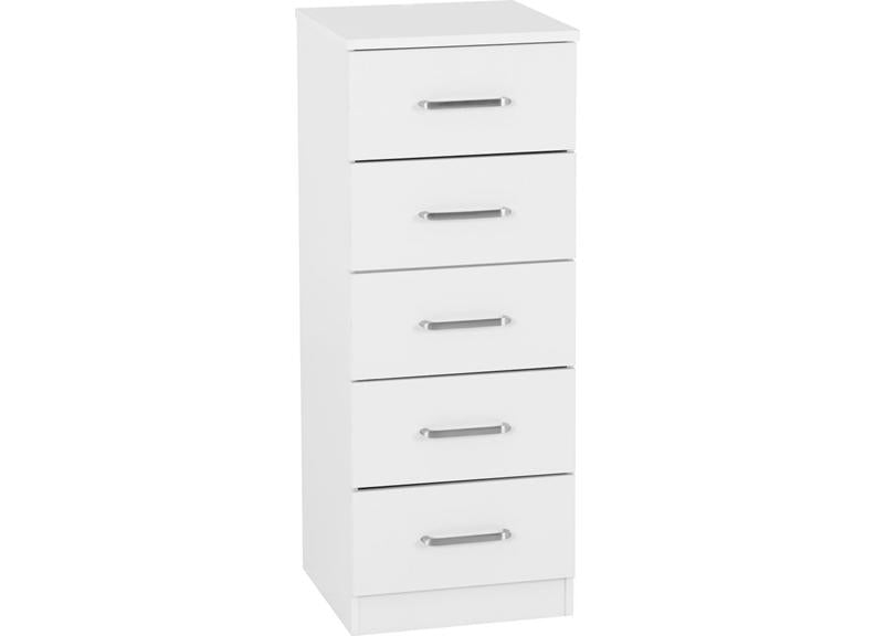 Dakota White Five Drawer Narrow Chest – Modern Bedroom Narrow Chest