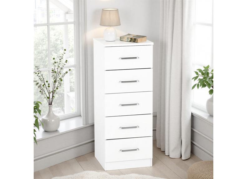 Dakota White Five Drawer Narrow Chest – Modern Bedroom Narrow Chest